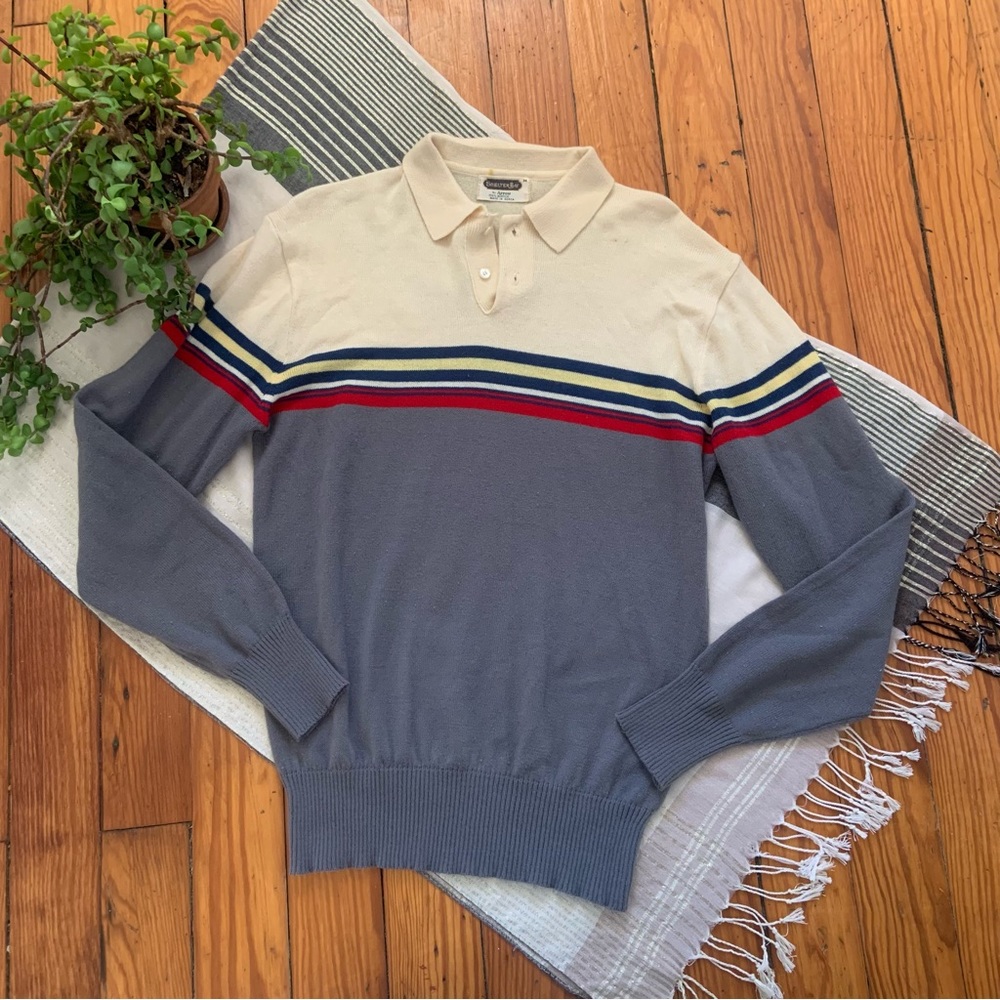 Vintage Men’s Polo Sweater in Gray, Cream with Red & Blue Stripes
